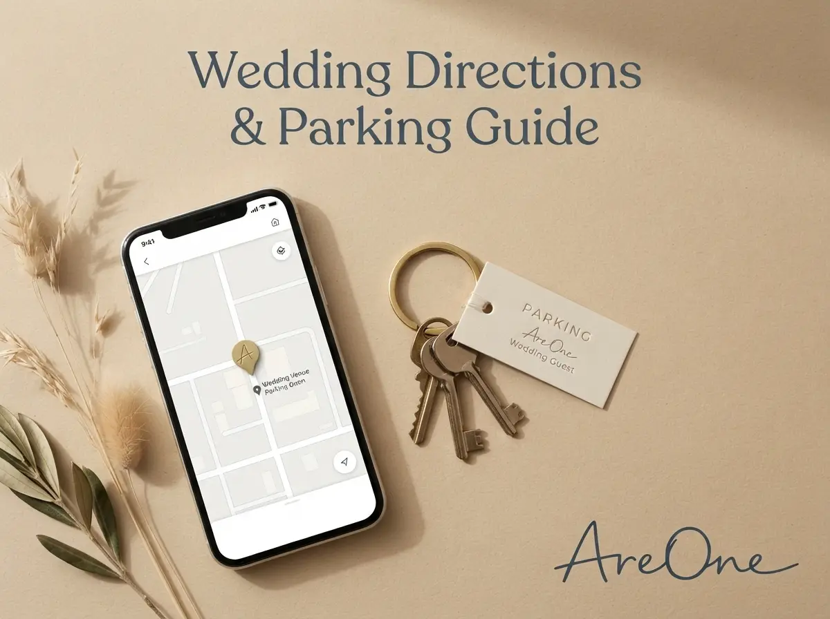Graphic titled Wedding Directions and Parking Guide with a smartphone map and car keys.
