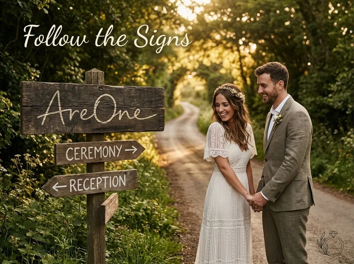 Rustic venue sign guiding guests down a country road.