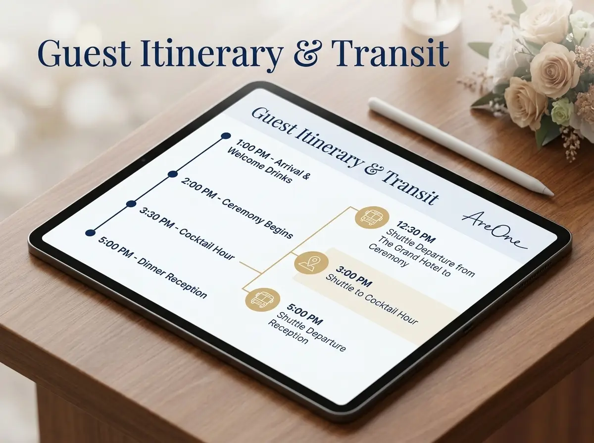 Clear schedule and transit details on a modern wedding website.