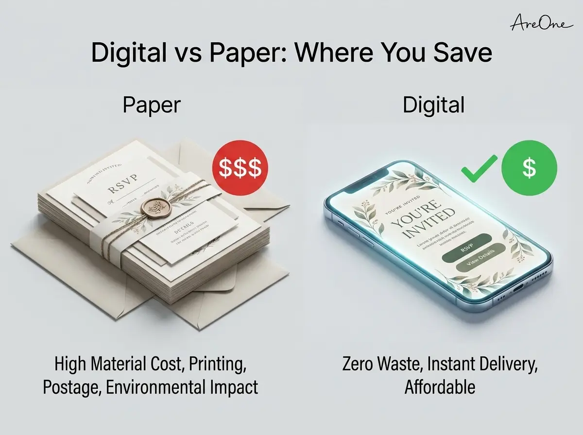 An illustrative comparison showing a costly paper wedding invitation stack with envelopes and a belly band versus a single affordable digital invite on a mobile screen.