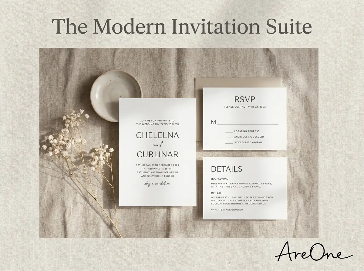 An elegant flat lay mockup of a wedding invitation suite showing the main invitation, RSVP card, and details insert on a textured cream linen background.