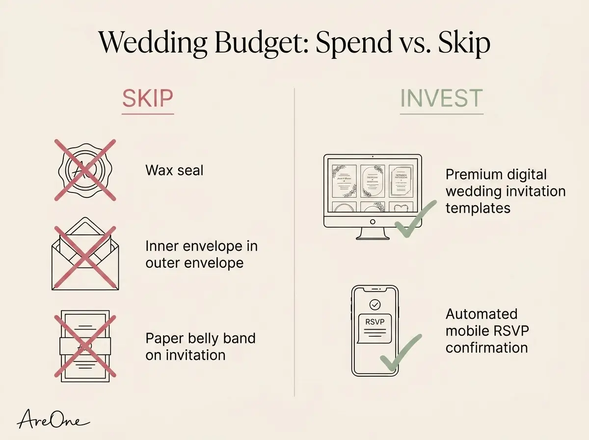 A visual wedding budget checklist displaying which invitation details to skip and which digital features to invest in for cheap wedding invitations.
