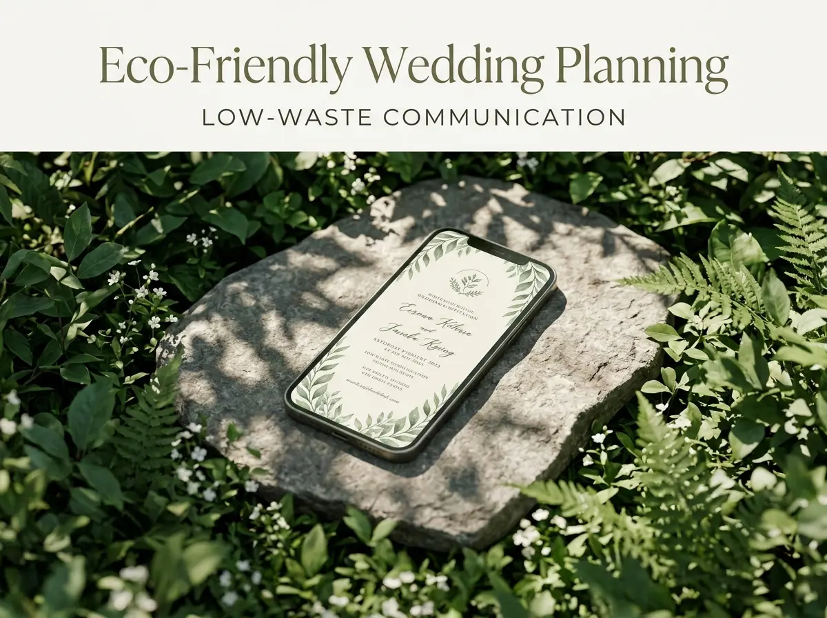 A smartphone showing a botanical wedding invitation resting on a stone in a green garden.