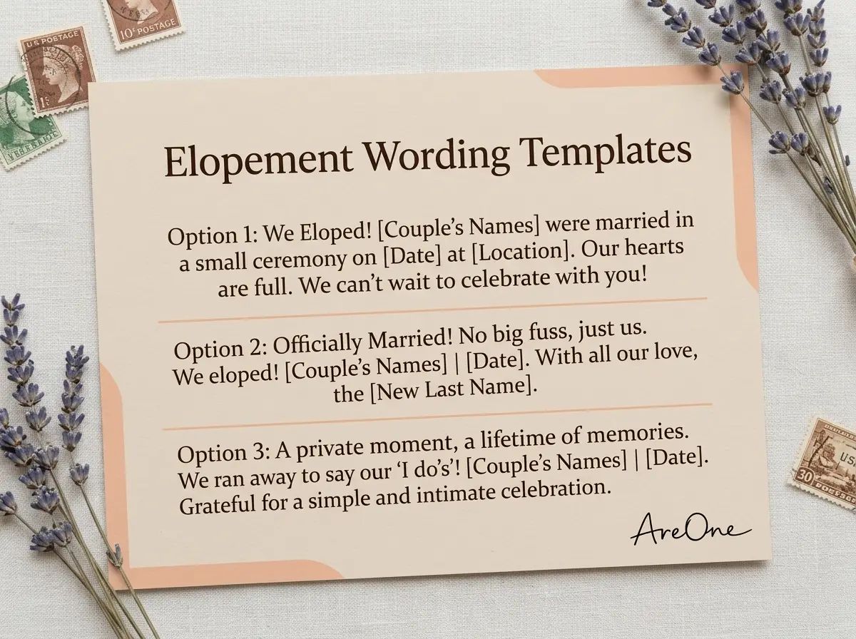A typographic graphic displaying sweet and modern elopement announcement wording options.