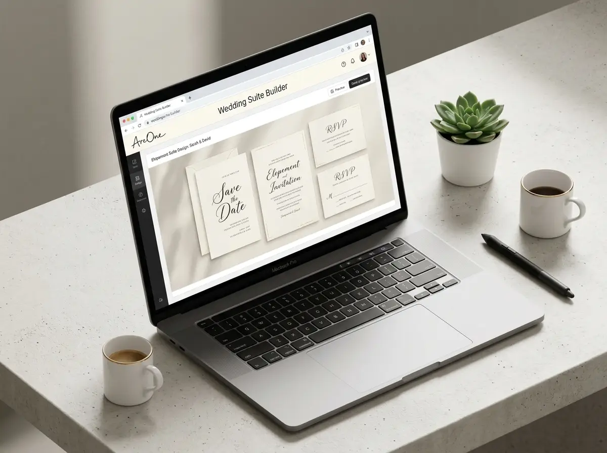 A beautiful digital wedding suite template on a laptop screen.