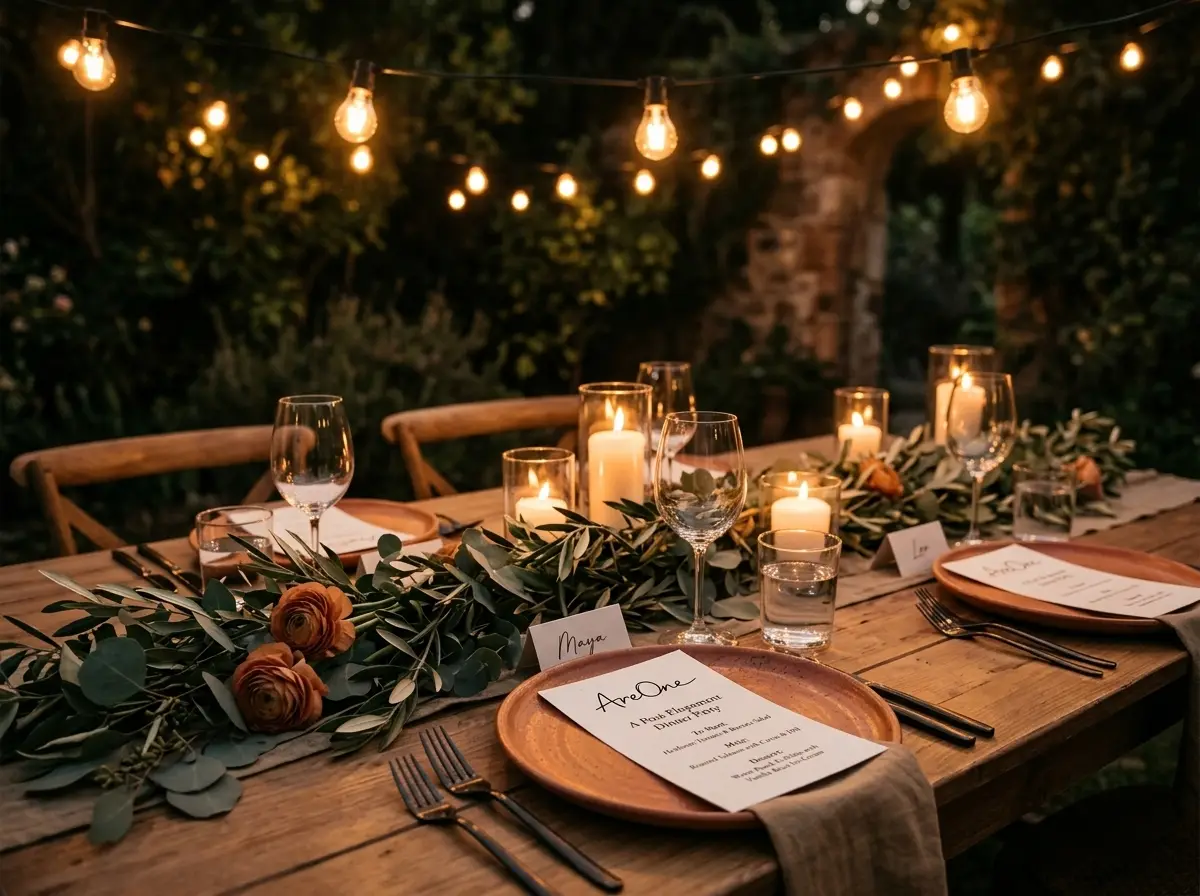 A beautifully set table for an intimate post-elopement dinner party under string lights.