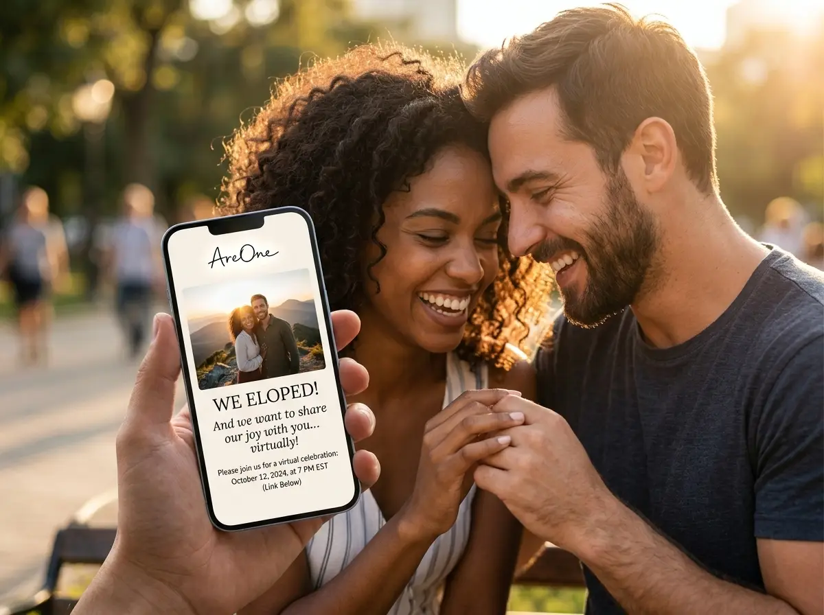 A happy couple looking at their digital elopement announcement on a modern smartphone.