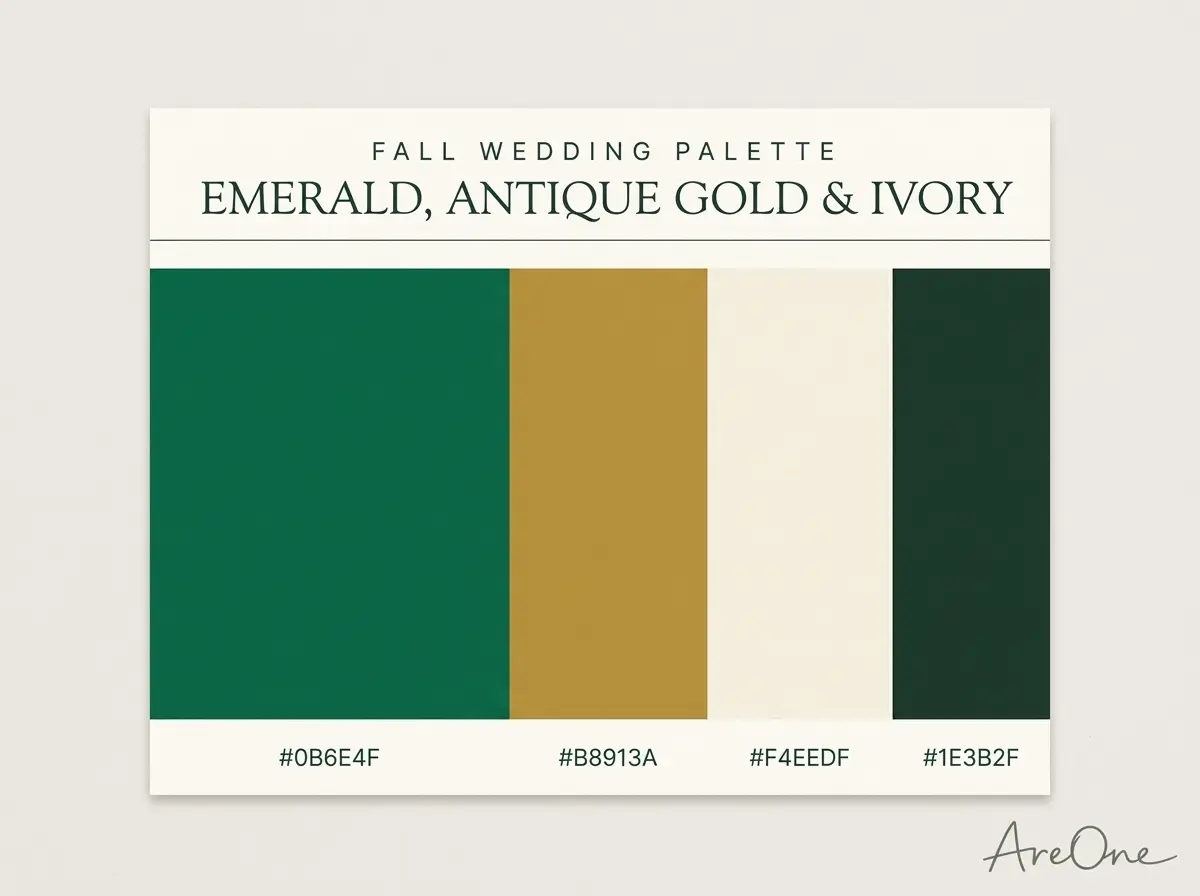 Emerald, Antique Gold and Ivory fall wedding colors palette swatch with hex codes #0B6E4F #B8913A #F4EEDF #1E3B2F