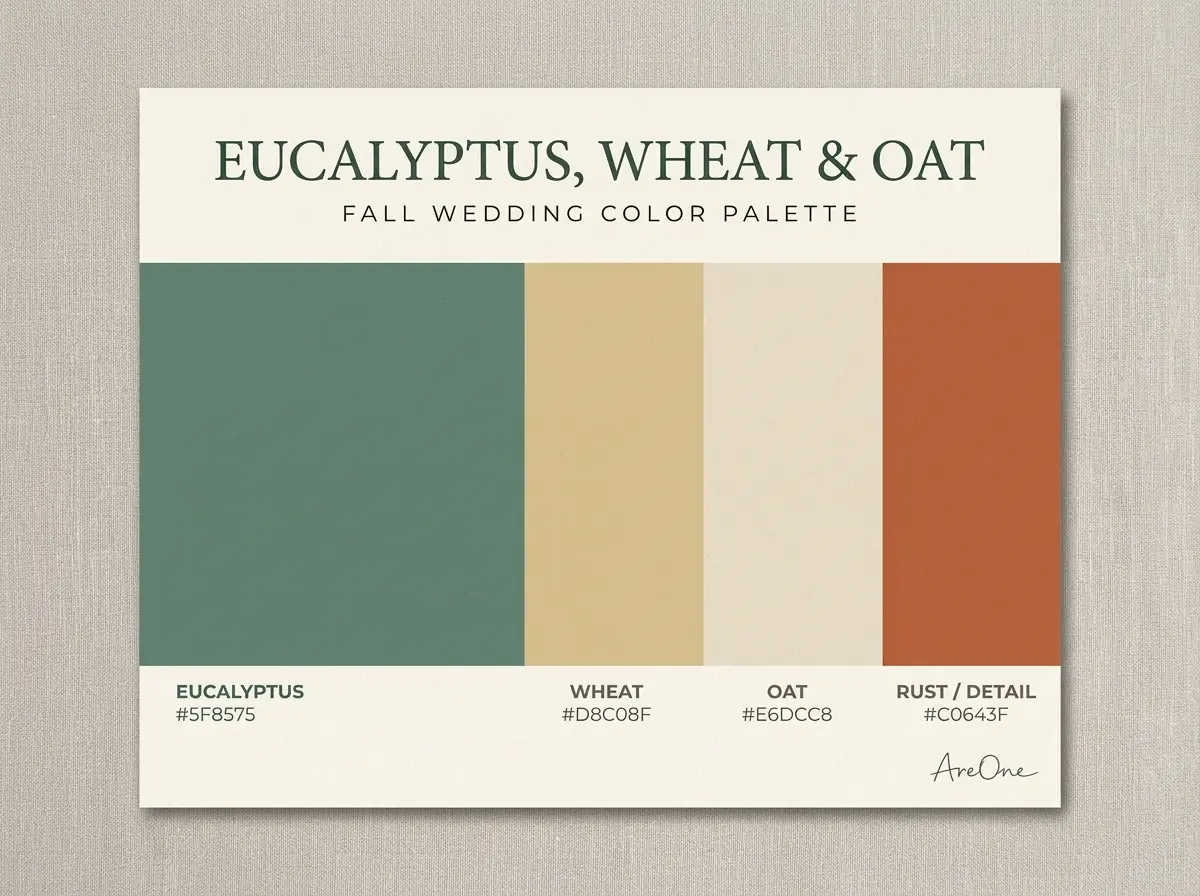 Eucalyptus, Wheat and Oat fall wedding colors palette swatch with hex codes #5F8575 #D8C08F #E6DCC8 #C0643F