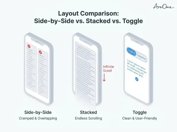A UX diagram comparing side-by-side, stacked, and toggle layouts for bilingual wedding websites on mobile devices.