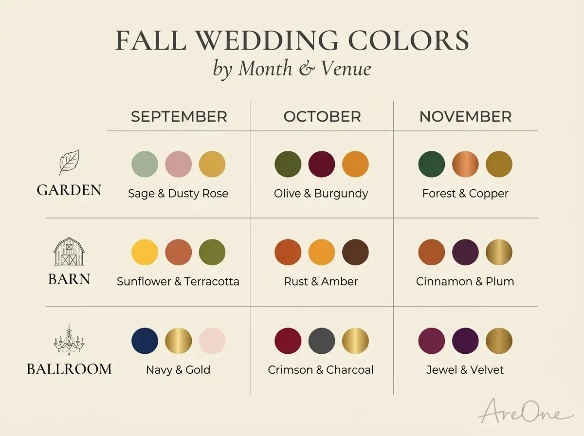 Table graphic of fall wedding color palettes matched to September, October and November venues