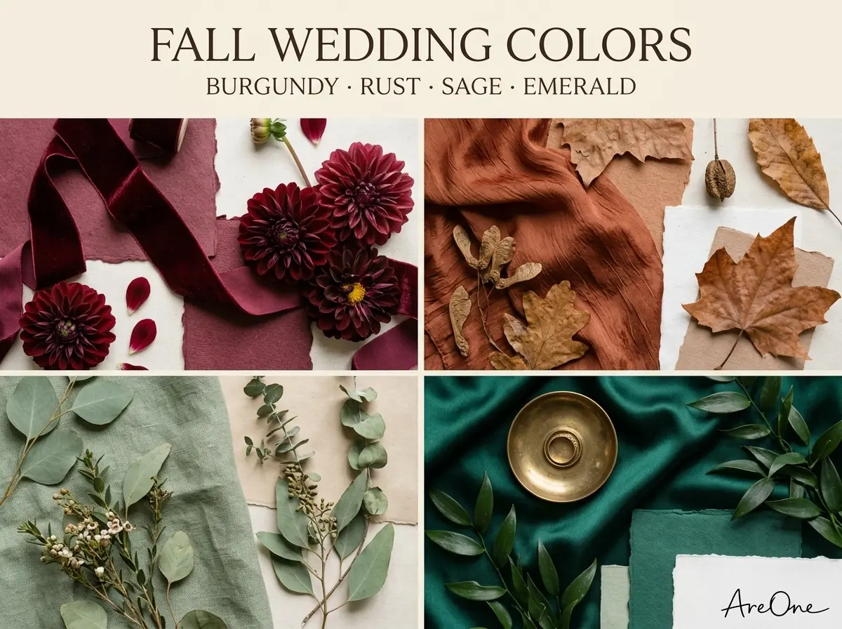 Fall wedding colors mood board with burgundy, rust, sage and emerald swatches