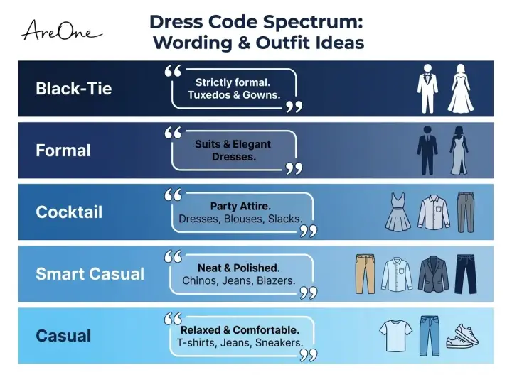 Graphic chart showing dress code wording options and outfit ideas from Black-Tie to Casual.