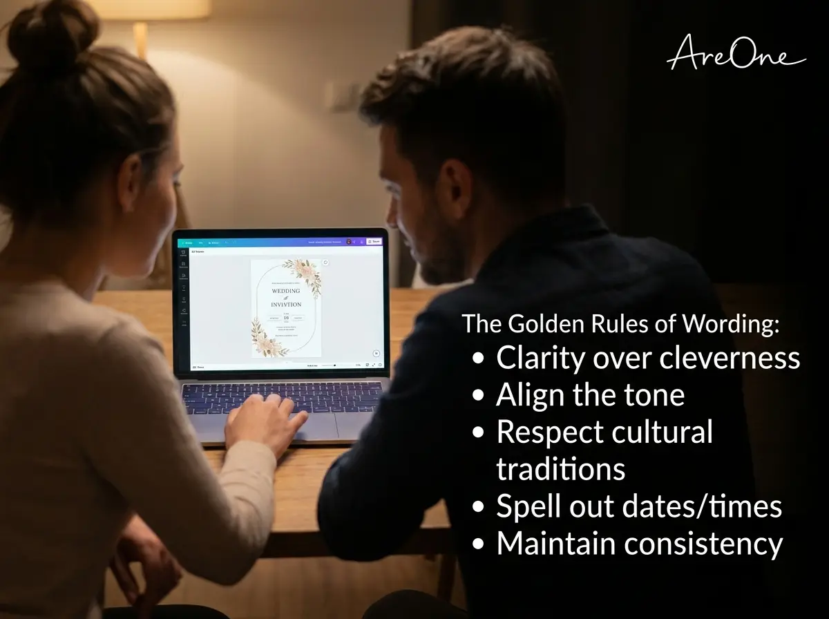 choosing wedding invitation text online using a laptop with a checklist of golden rules