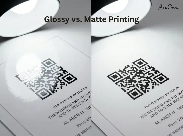Split screen comparison showing how matte finish paper prevents glare on a printed QR code compared to unreadable glossy paper.