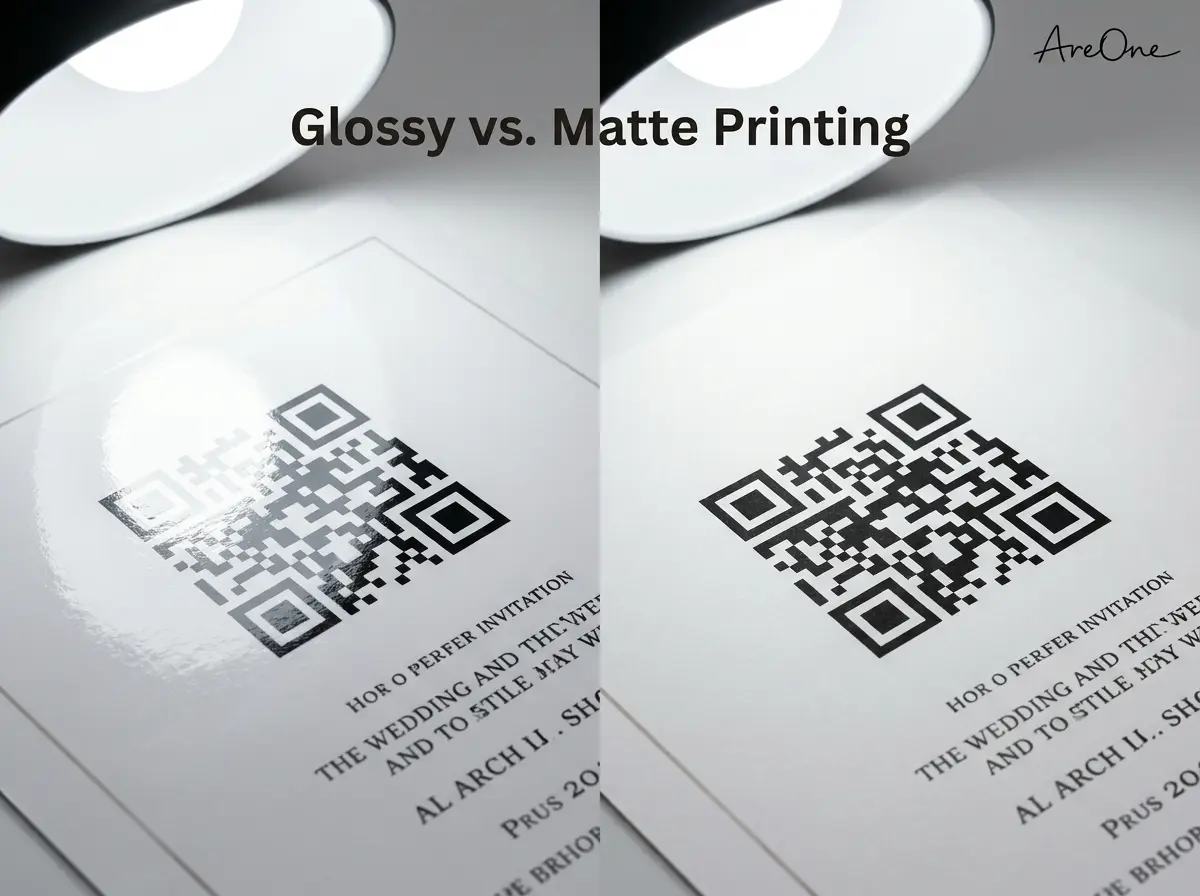 Split screen comparison showing how matte finish paper prevents glare on a printed QR code compared to unreadable glossy paper.