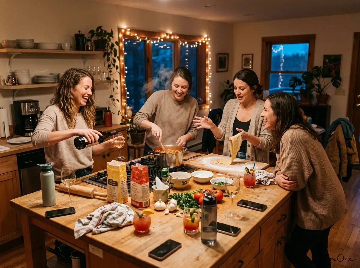 Friends cooking dinner together at a rental house during a budget bachelorette weekend