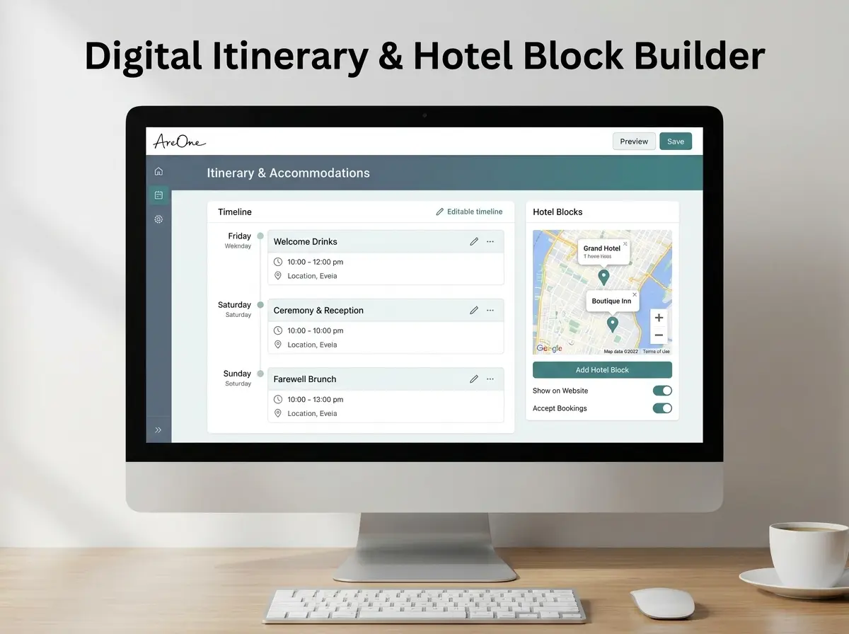 A desktop dashboard showing a user customizing a wedding itinerary and hotel details.