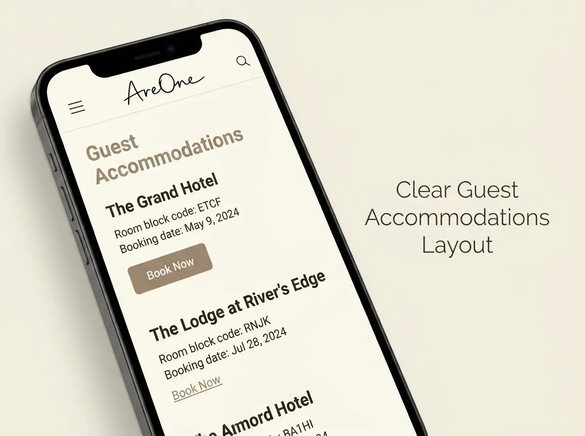 Smartphone displaying a clear hotel block details section on a wedding website.