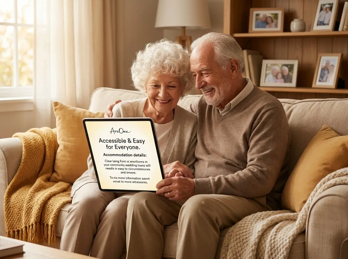 An elderly couple smiling while reading a clear digital wedding invitation on a tablet.
