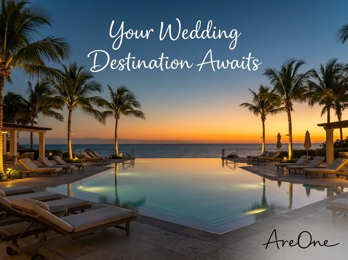 A beautiful coastal destination wedding resort venue at sunset with palm trees.