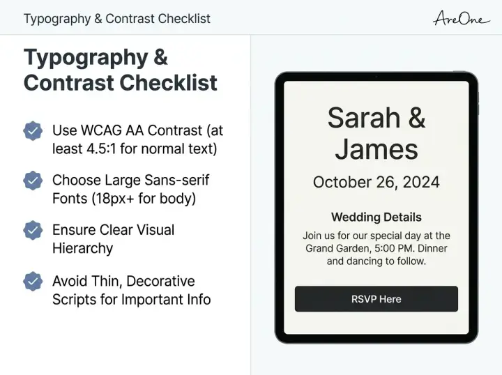 A visual checklist demonstrating high contrast design and accessible typography for a wedding website portal.