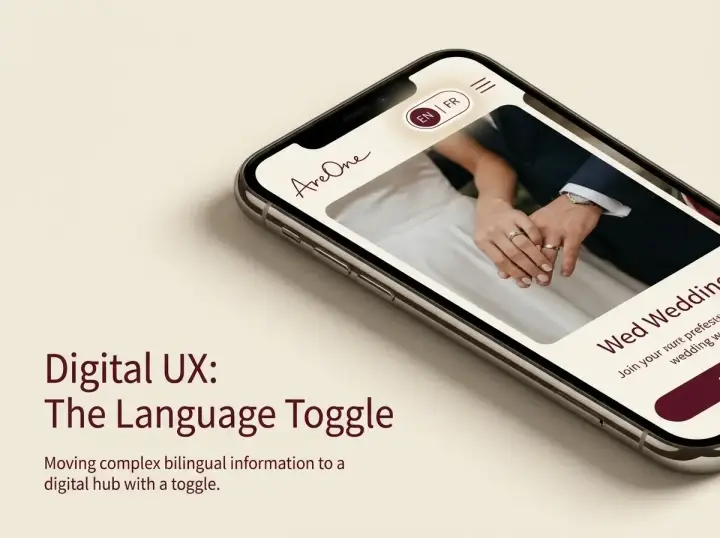 A mobile smartphone mockup showing a bilingual wedding website with a dynamic English and French language toggle.