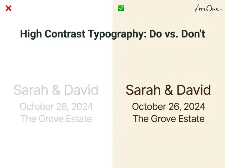 Graphic illustrating high-contrast typography on modern wedding invite templates comparing poor and good readability.