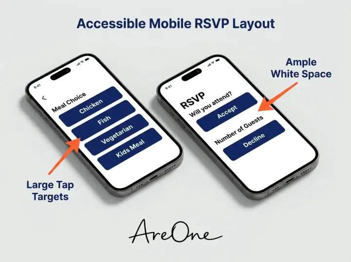 Mobile UI mockup showing an accessible wedding RSVP form with large buttons, clear text, and generous spacing for older guests.
