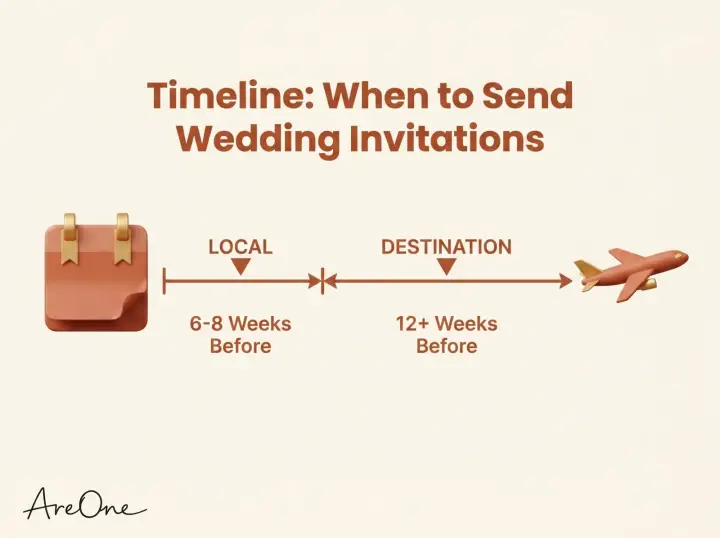 A logistics timeline showing local wedding invitations should be sent 6 to 8 weeks in advance, and destination wedding invitations at least 12 weeks in advance.