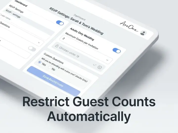 AreOne RSVP feature handling adults-only wedding wording by restricting extra guests and kids.