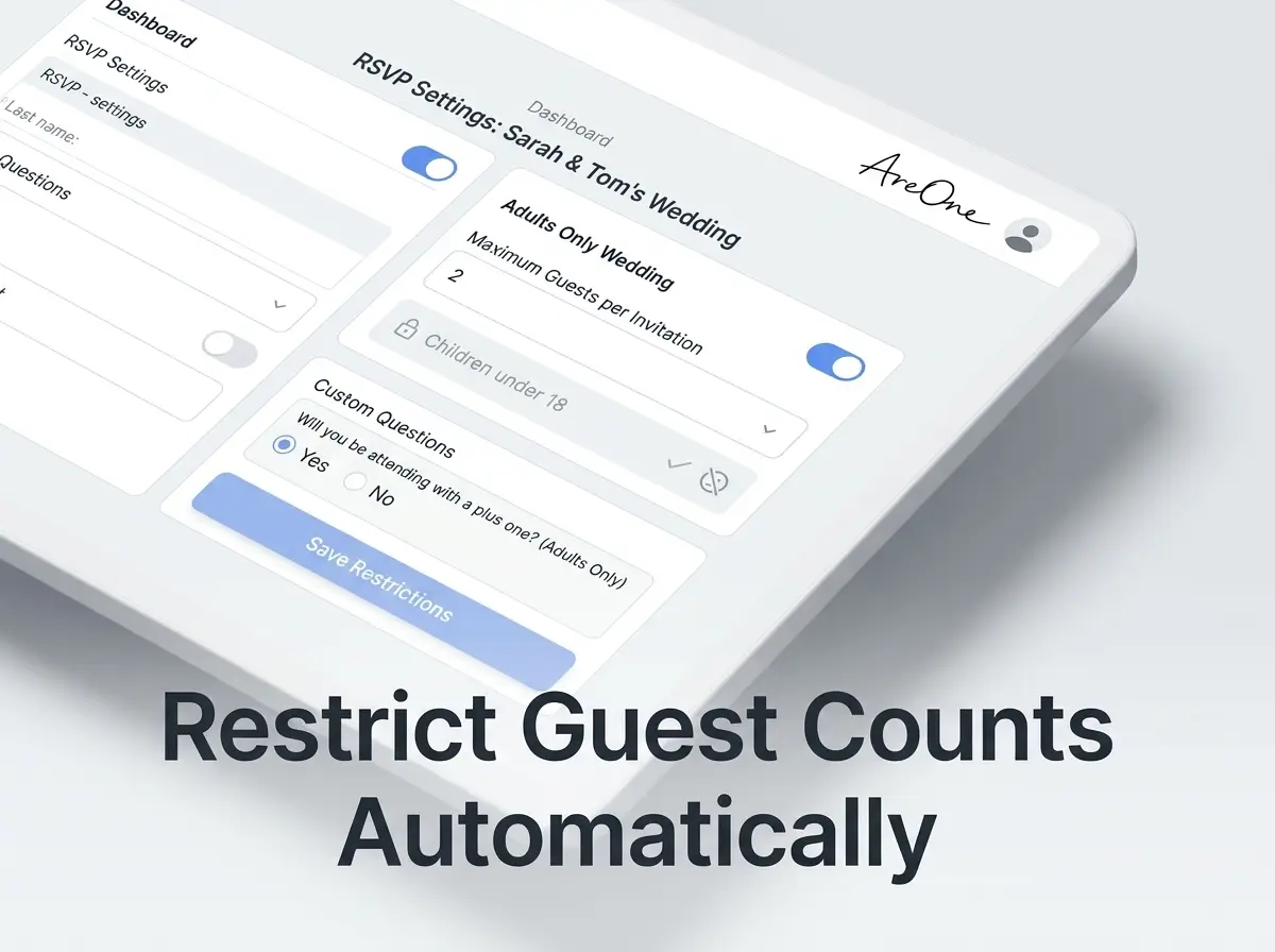 AreOne RSVP feature handling adults-only wedding wording by restricting extra guests and kids.