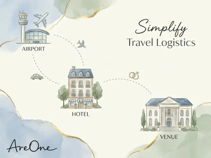 A beautiful destination wedding map graphic illustrating travel routes, hotels, and the venue.