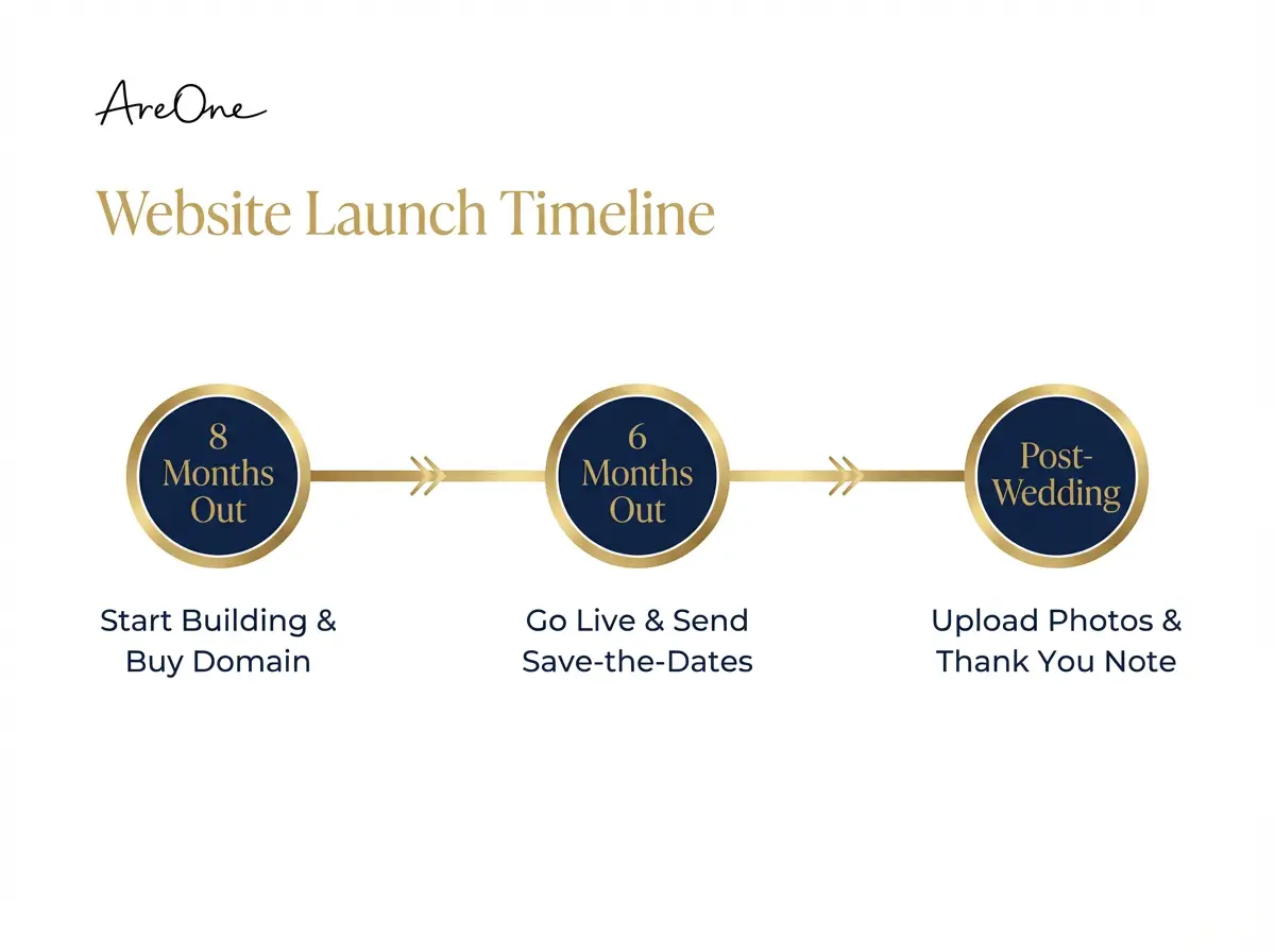 A timeline showing when to build, launch, and update a wedding website relative to the wedding date.