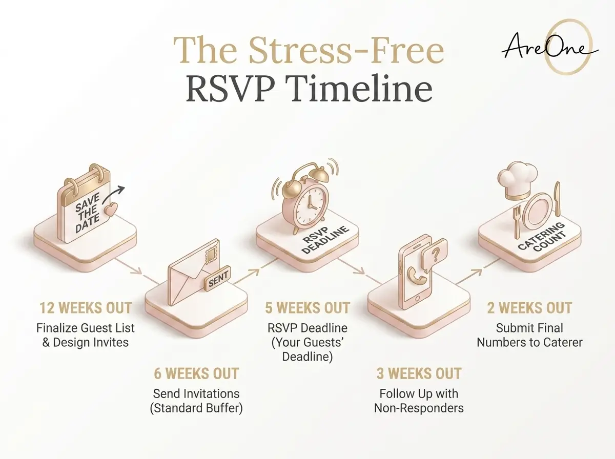 A beautifully designed timeline graphic for wedding invites, showing exact RSVP deadlines and catering milestones from 12 weeks out to 2 weeks before the wedding.