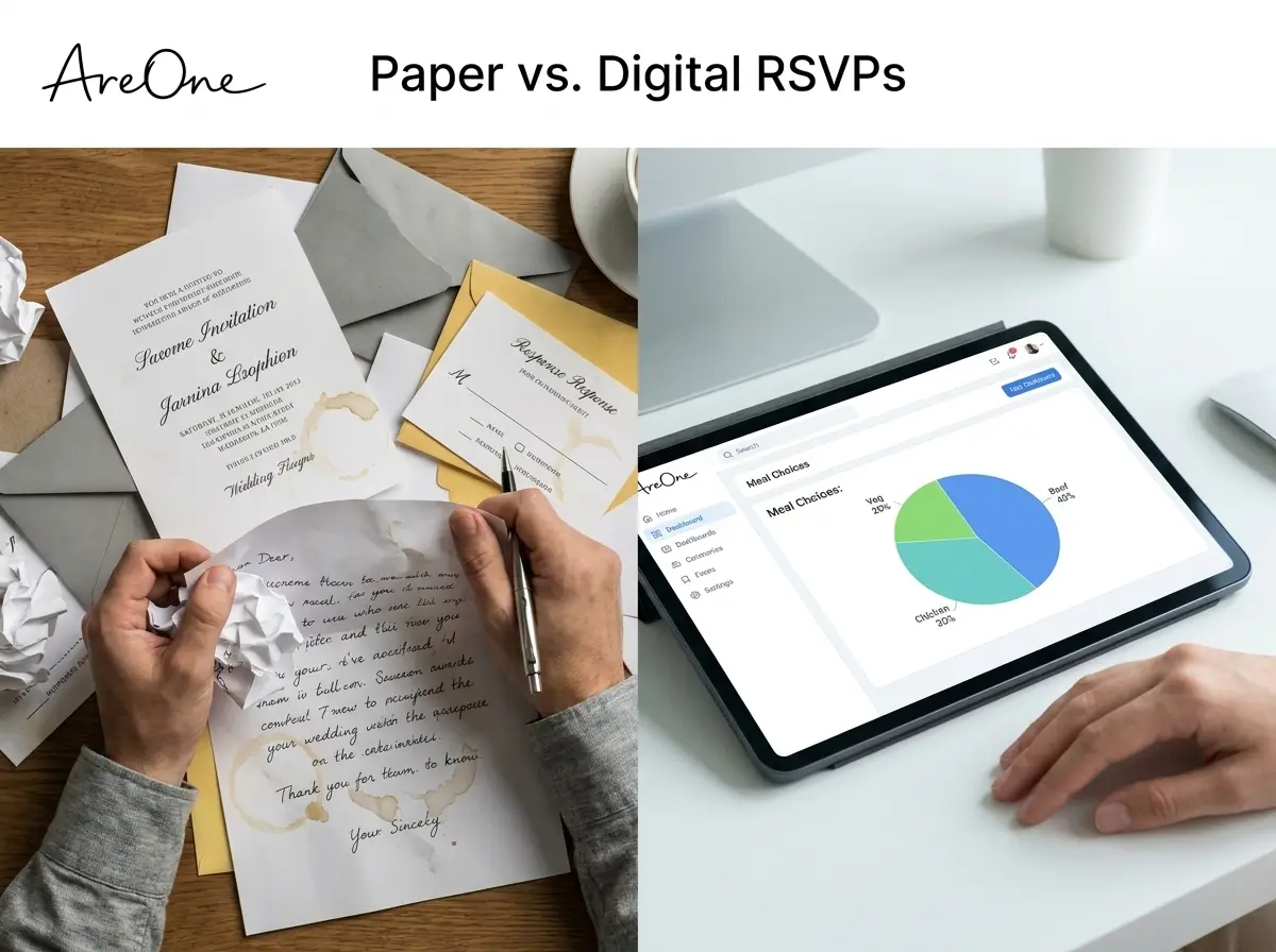 A split-screen comparison showing a stressed bride dealing with messy paper invites versus being relieved by using an organized digital RSVP platform dashboard with meal choice charts.