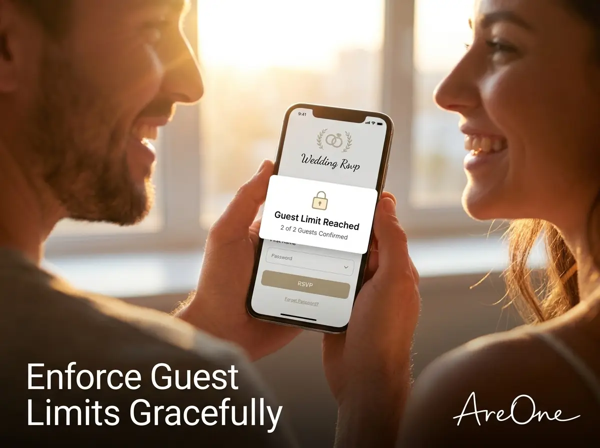 A happy couple looking at their phone and smiling while managing a strict plus-one and children policy via a digital wedding RSVP platform.