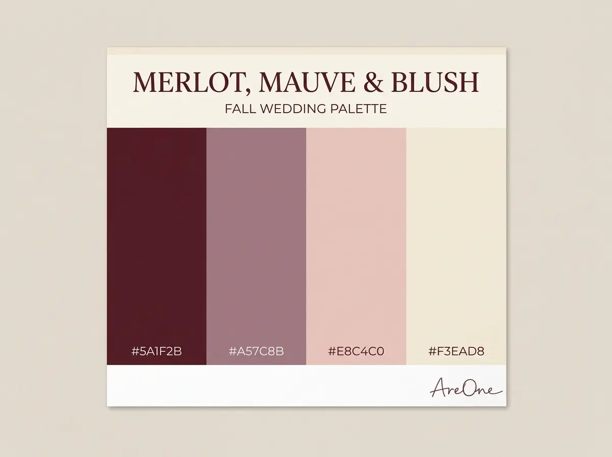 Merlot, Mauve and Blush fall wedding colors palette swatch with hex codes #5A1F2B #A57C8B #E8C4C0 #F3EAD8