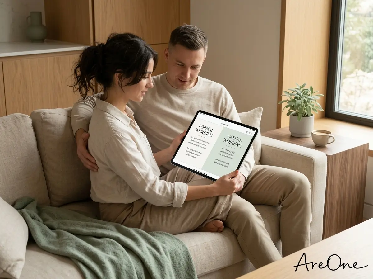 A couple sitting together looking at formal and casual wedding invitation wording templates on a tablet.
