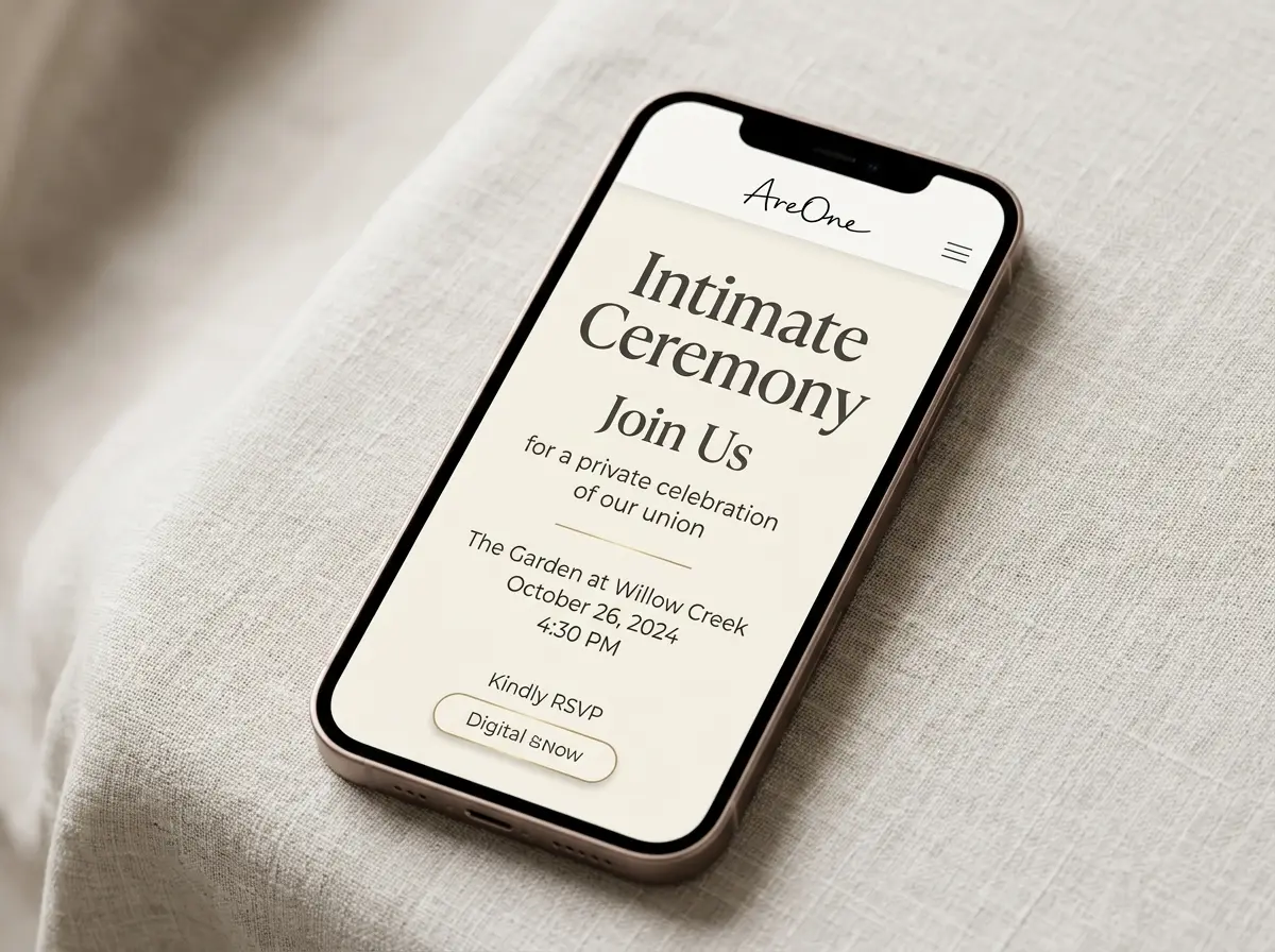 A smartphone showing a minimalist micro wedding invitation layout with elegant typography.