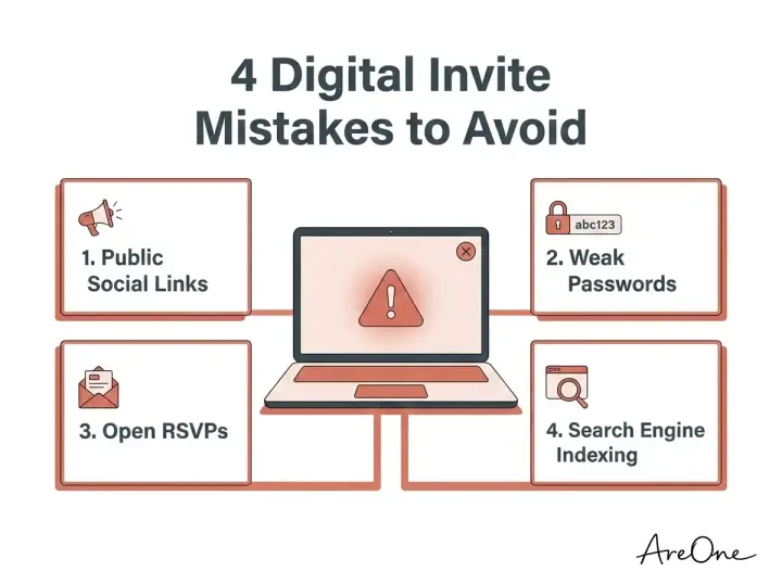 Infographic listing 4 common wedding website mistakes: broadcasting public social links, using weak passwords, leaving RSVPs open, and allowing search engine indexing.