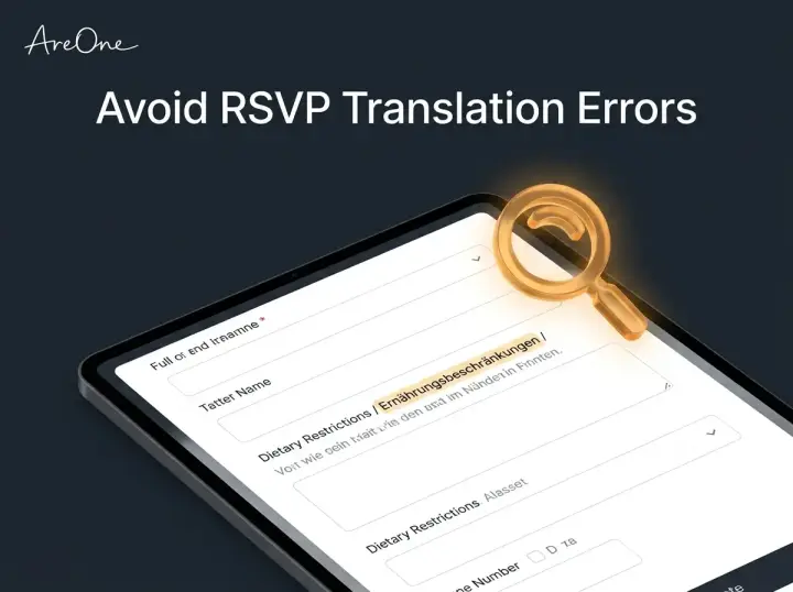 A stylized error icon pointing out common translation mistakes on a beautifully styled wedding RSVP form.