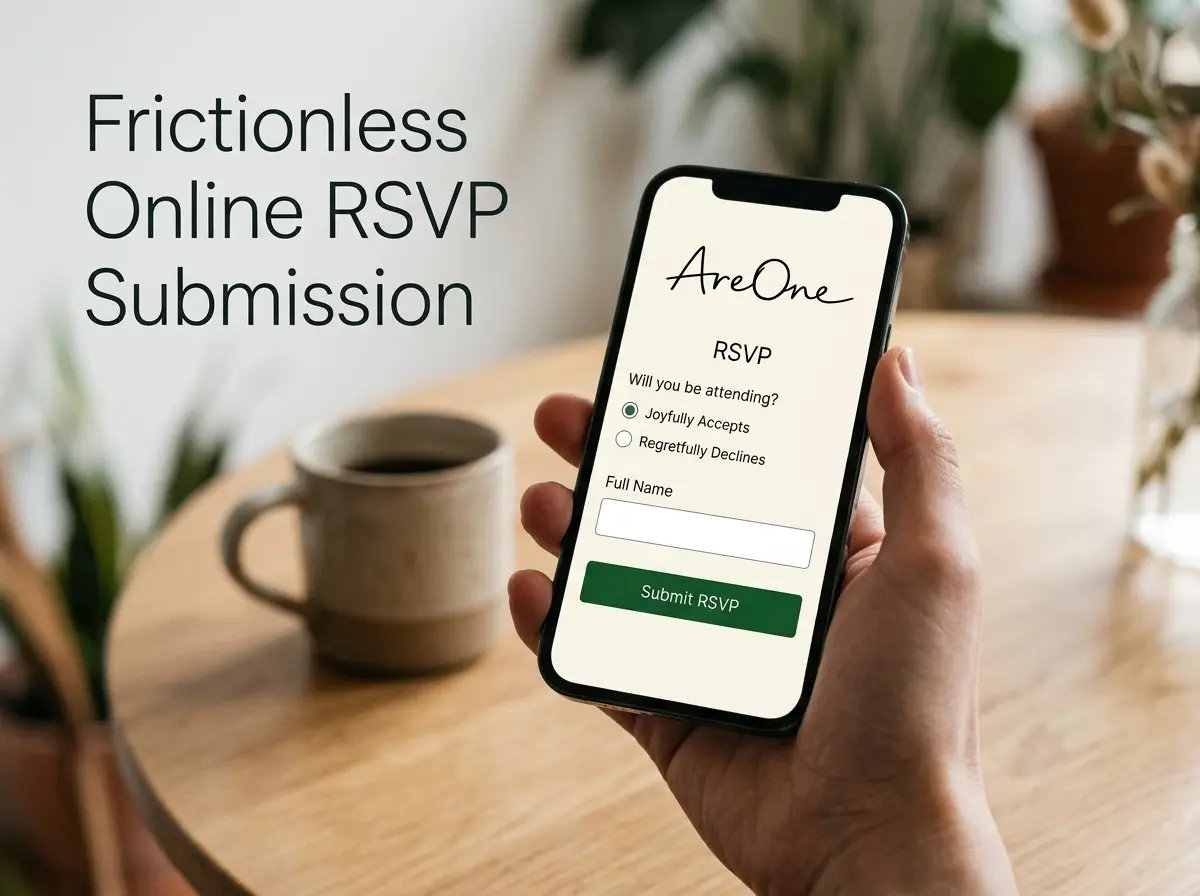 A hand holding a mobile phone displaying a clean RSVP form with a large submit button.