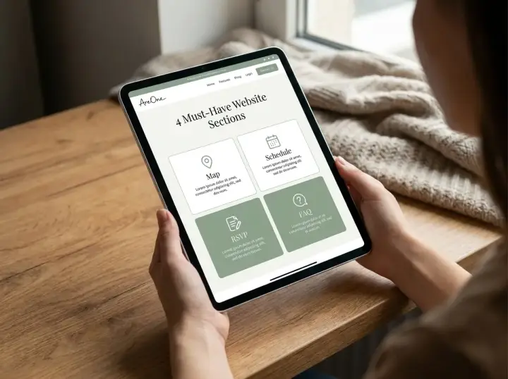 A tablet displaying a checklist of what to put on a wedding website, including map, schedule, RSVP, and FAQ sections.