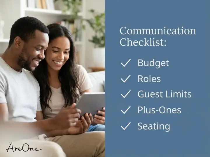 Couple reviewing a communication checklist for modern wedding etiquette for blended families