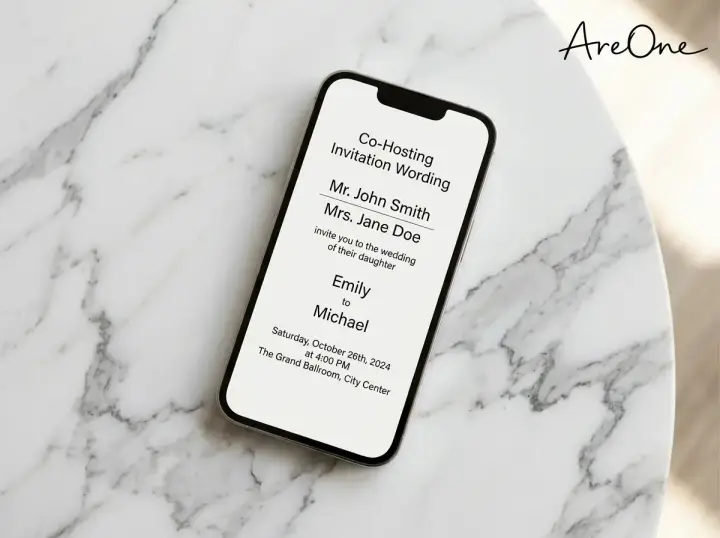 Digital wedding invitations for divorced parents on AreOne displayed on a smartphone