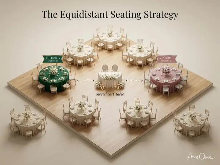 3D diagram showing seating charts and the equidistant method as part of modern wedding etiquette for blended families