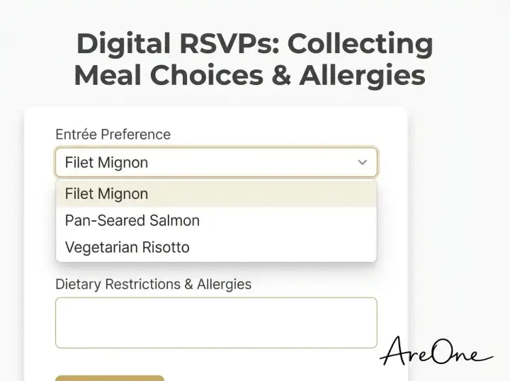 Close-up UI screenshot of a digital wedding RSVP form showing drop-downs for meal choices and text fields for dietary restrictions.