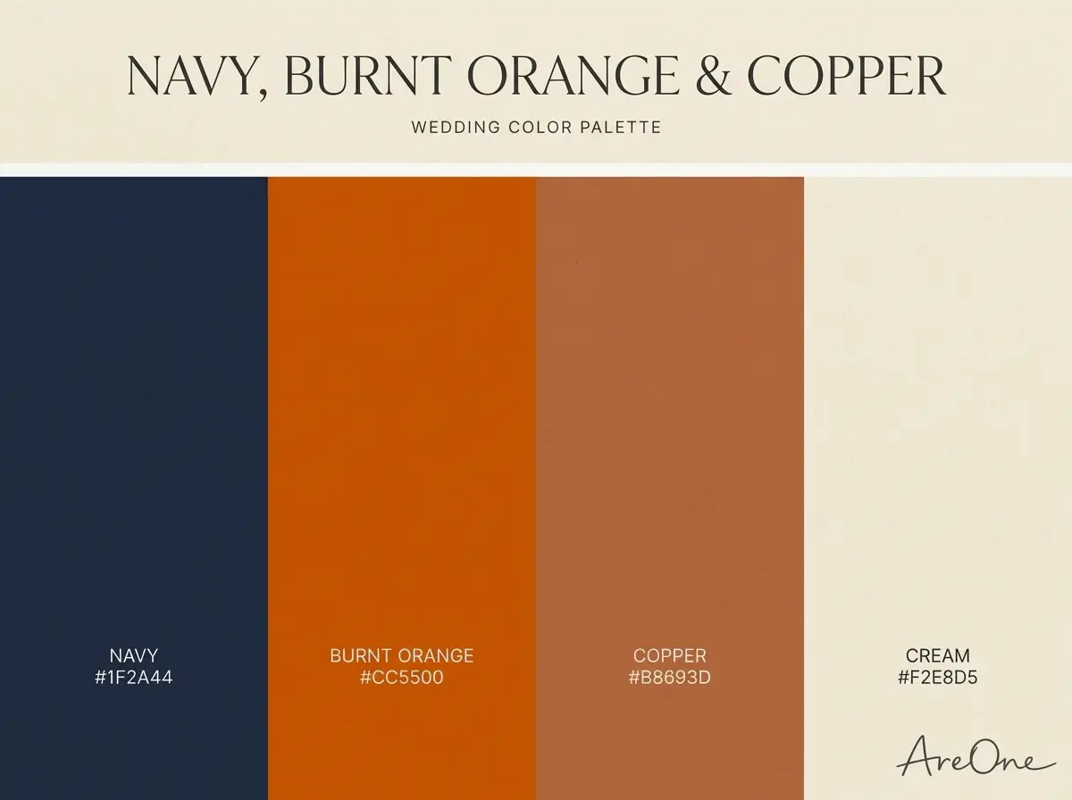 Navy, Burnt Orange and Copper fall wedding colors palette swatch with hex codes #1F2A44 #CC5500 #B8693D #F2E8D5