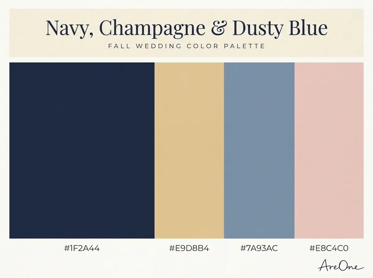 Navy, Champagne and Dusty Blue fall wedding colors palette swatch with hex codes #1F2A44 #E9D8B4 #7A93AC #E8C4C0